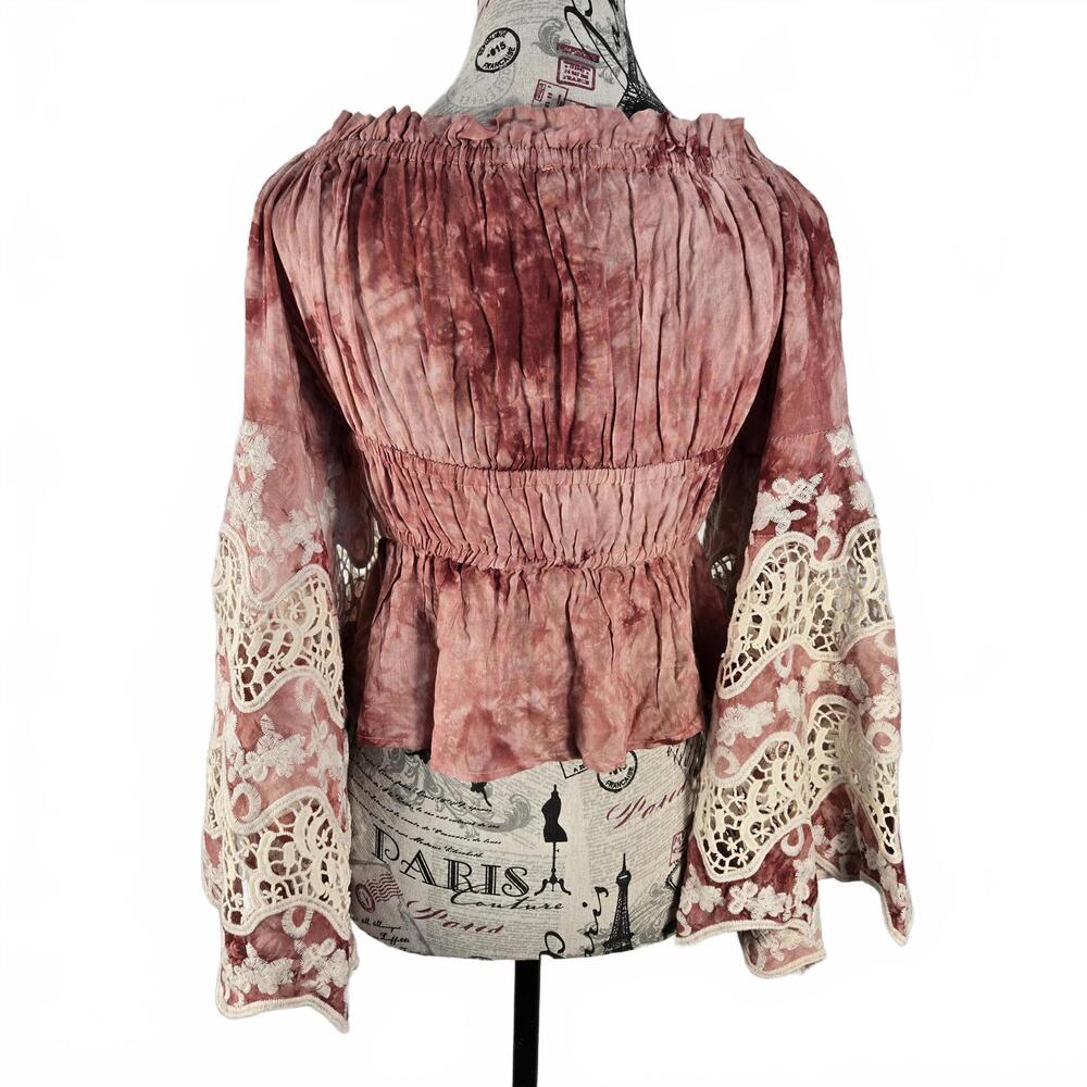 Venus Boho Tie Dye Lace Bell Sleeve Peasant Top Rose Pink Smocked Waist Small 4 - Picture 4 of 9